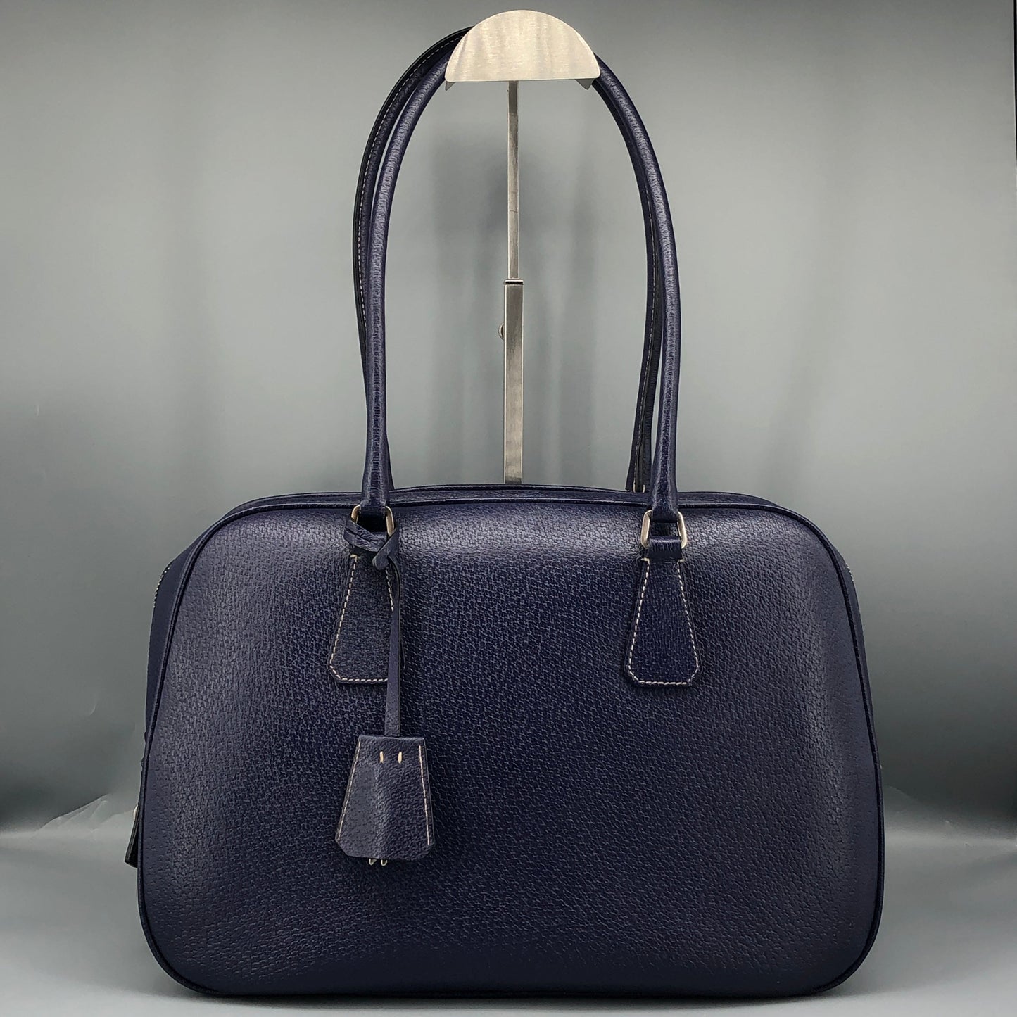 Prada Bauletto Medium Pebbled Leather Handbag Ink Blue