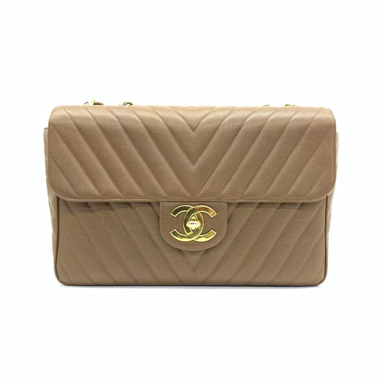 Chanel Vintage Classic Maxi Single Flap Taupe Brown Caviar Chevron Stitch 24 Gold Hardware