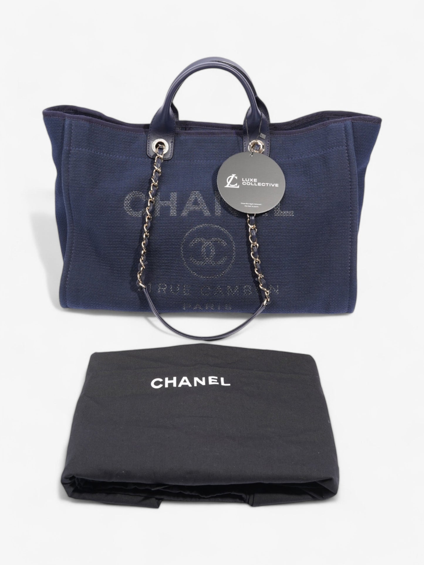 Chanel Deauville Tote Navy Blue Fabric Large