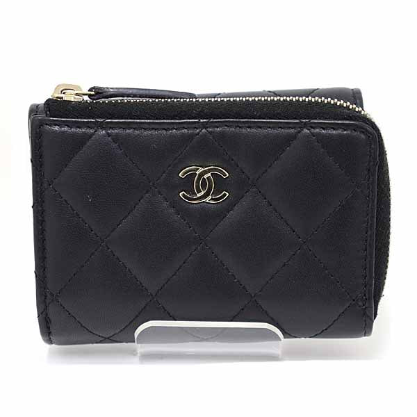 CHANEL Tri-fold wallet lambskin black Compact wallet