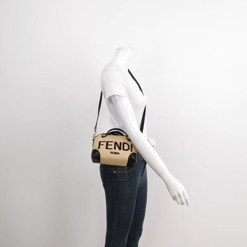 Fendi By The Way Mini Raffia Straw Black Leather Crossbody Bag