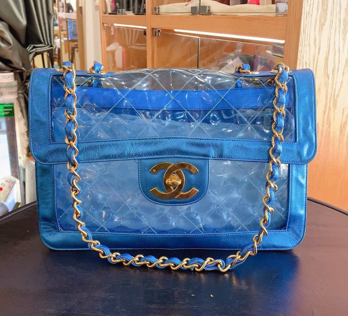 CHANEL 95P  "BARBIE" MAXI FLAP METALLIC BLUE BAG 24K GHW CLASSIC PCI