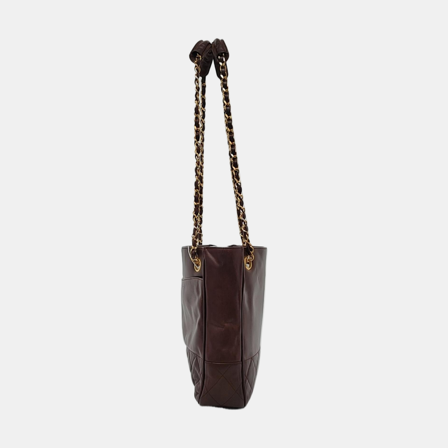 Chanel Vintage CC Logo Tote Bag Brown Calfskin Leather Double Gold Chain 1986-88