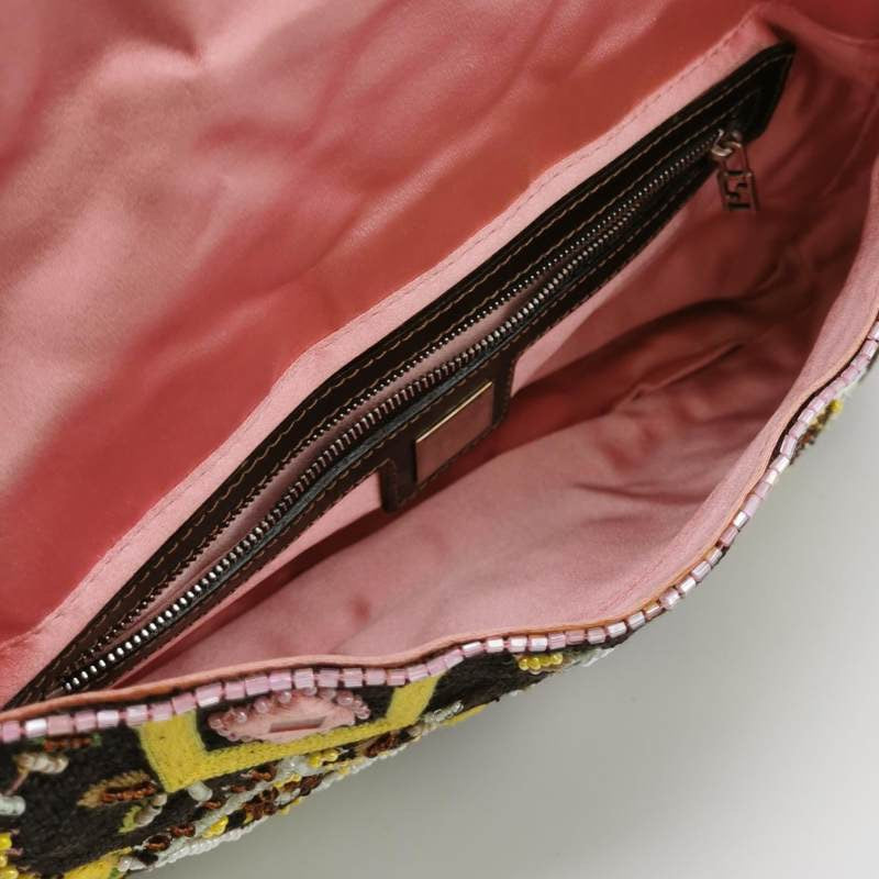 Fendi Baguette Vintage Brown Canvas with embroidery sequins mirrors and tassels