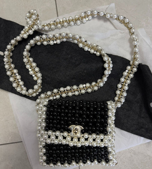 Rare CHANEL 2022 SS BLACK & WHITE FAUX PEARLS LARGE FLAP EVENING BAG WITH GOLD HARDWARE