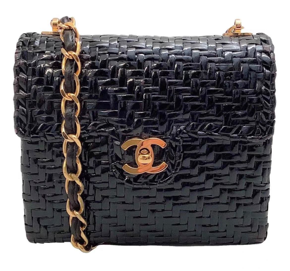 Chanel Flap  90s Mini Wicker Straw Classic Black Rattan Cross Body Bag