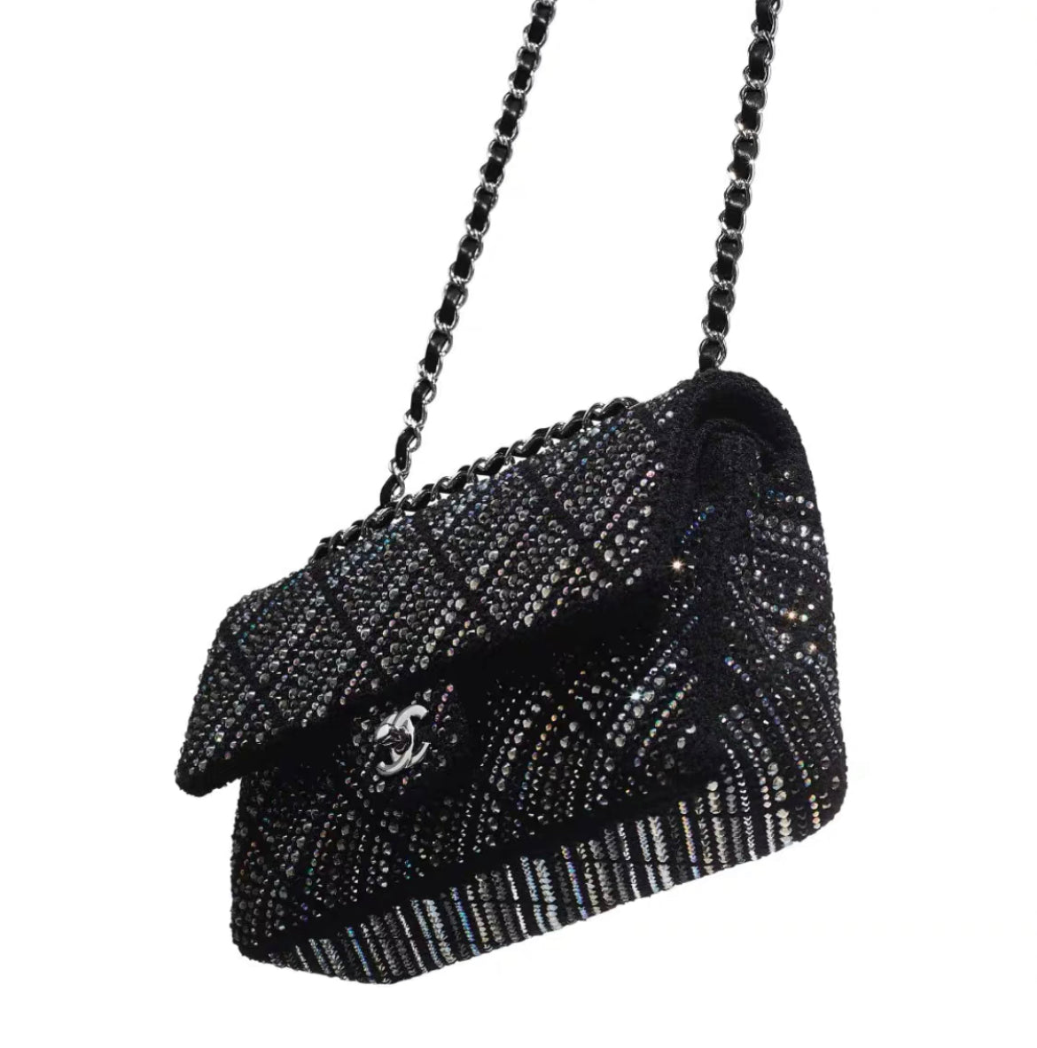 CHANEL 22A tweed, diamantés & silver metal black classic handbag