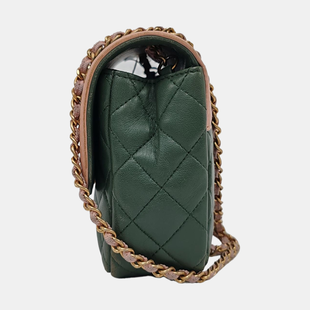 Chanel Mini Flap Green Lambskin Pink Edges Crossbody Bag