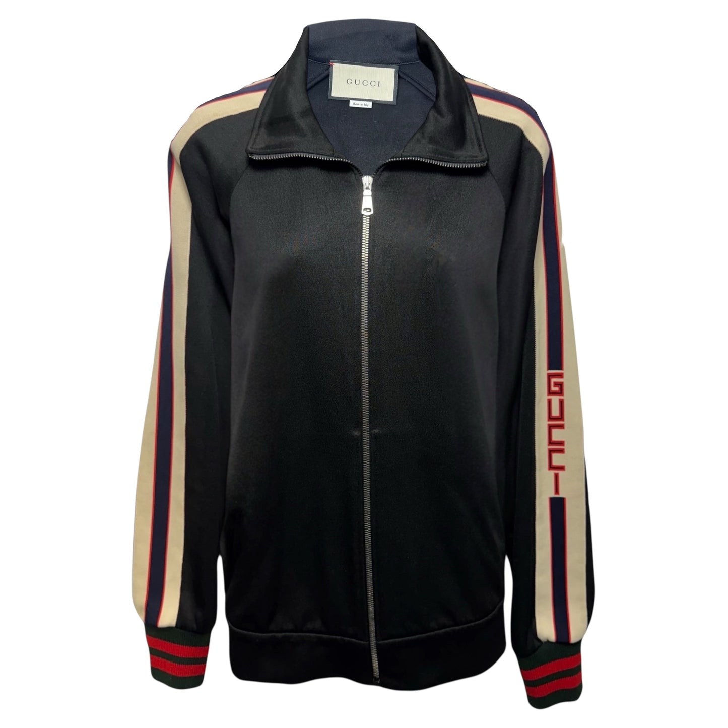 Web Trim Technical Jersey Track Jacket Luxury Designer By Gucci In Black & Cream, Size: S MENÂS