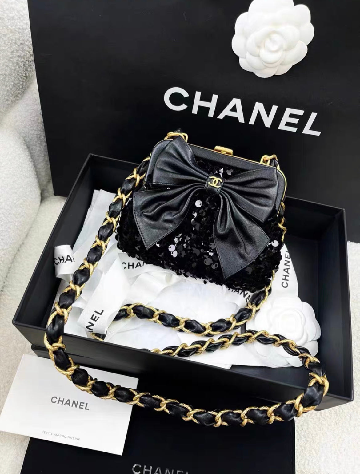 Chanel Metiers dArt 24A Black Sequin tweed Evening Mini Clutch Bag With Bow
