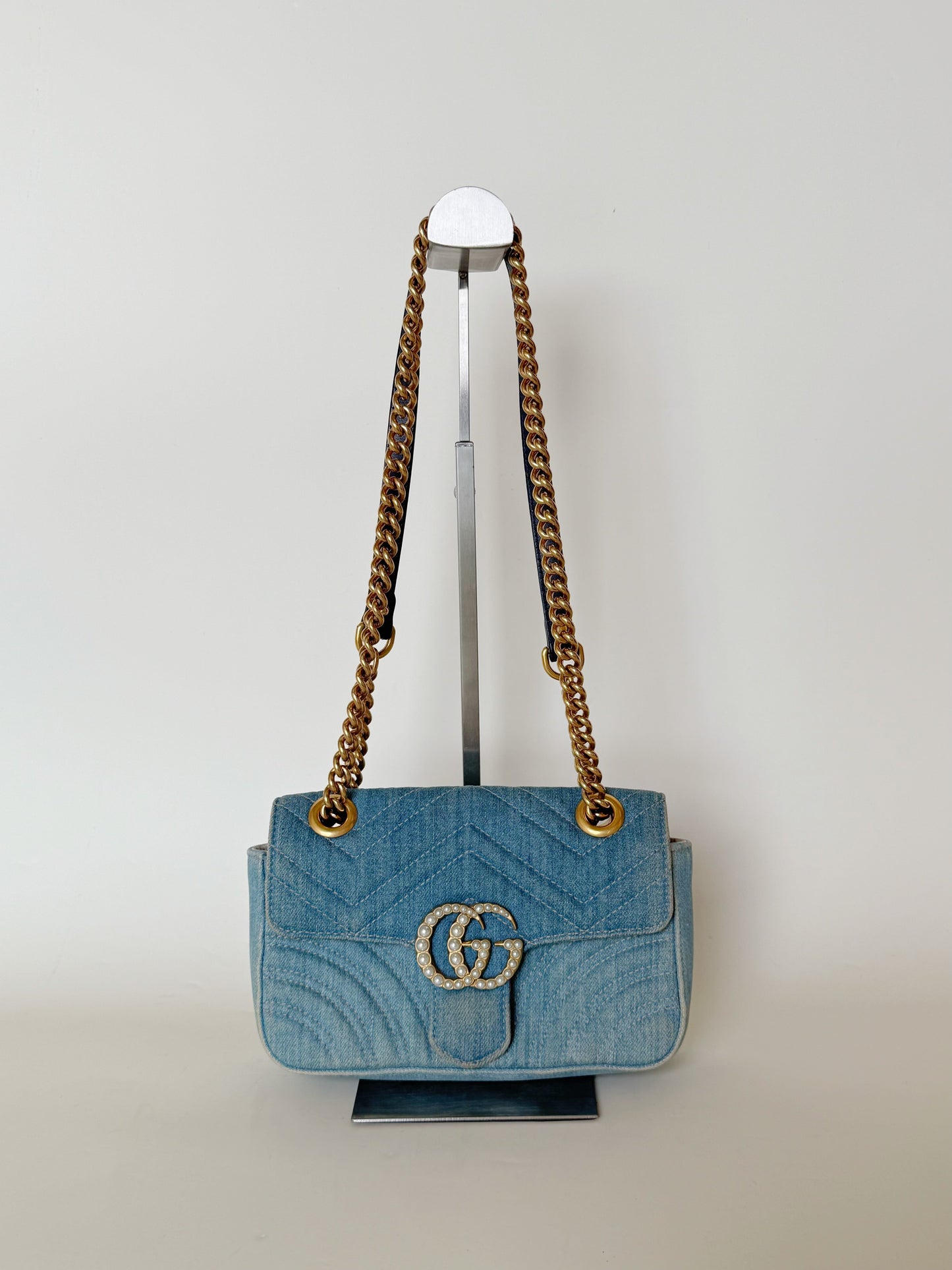 Gucci Denim Matelasse Pearly GG Marmont Shoulder Bag