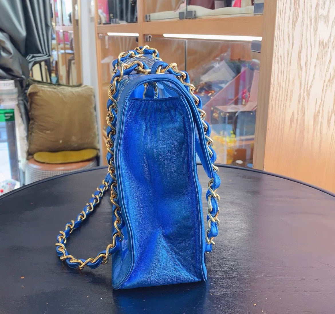 CHANEL 95P  "BARBIE" MAXI FLAP METALLIC BLUE BAG 24K GHW CLASSIC PCI