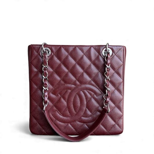 Chanel Caviar PST Petite Shopping Tote Quilted Grained Calfskin Burgundy Silver Hardware Series 18