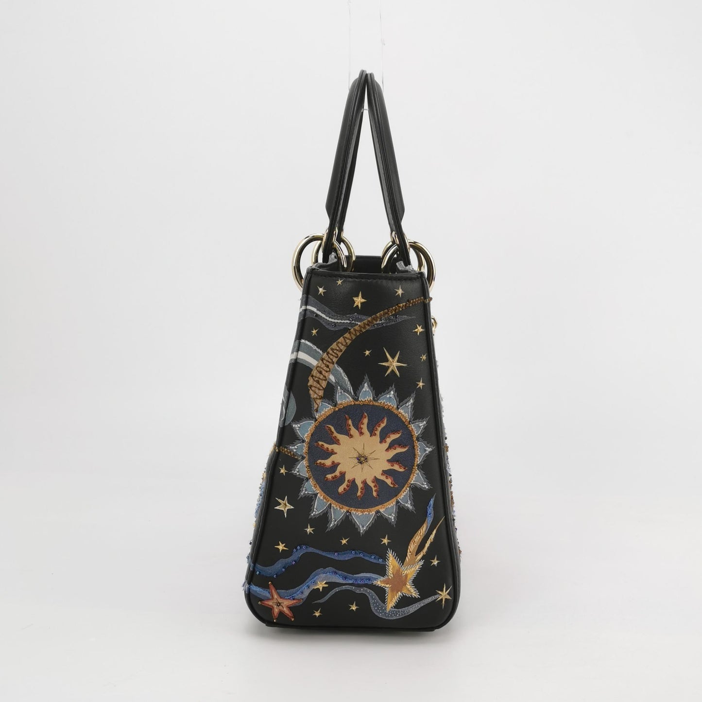 Lady Dior Medium Nature Ballet Star Embroidery Handbag Black Calfskin Leather Gold Hardware