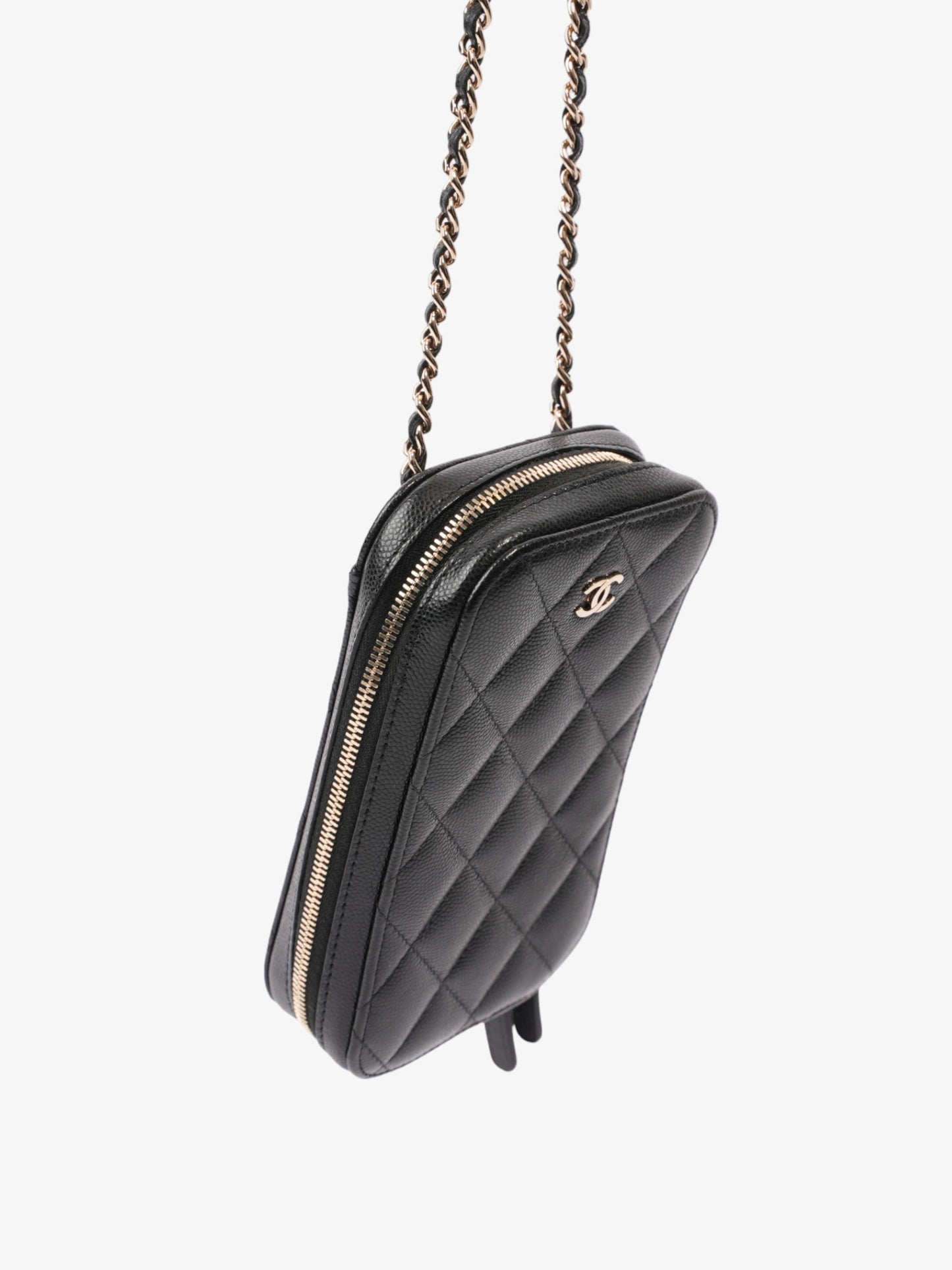 Chanel Quilted Phone Holder Black Caviar Leather