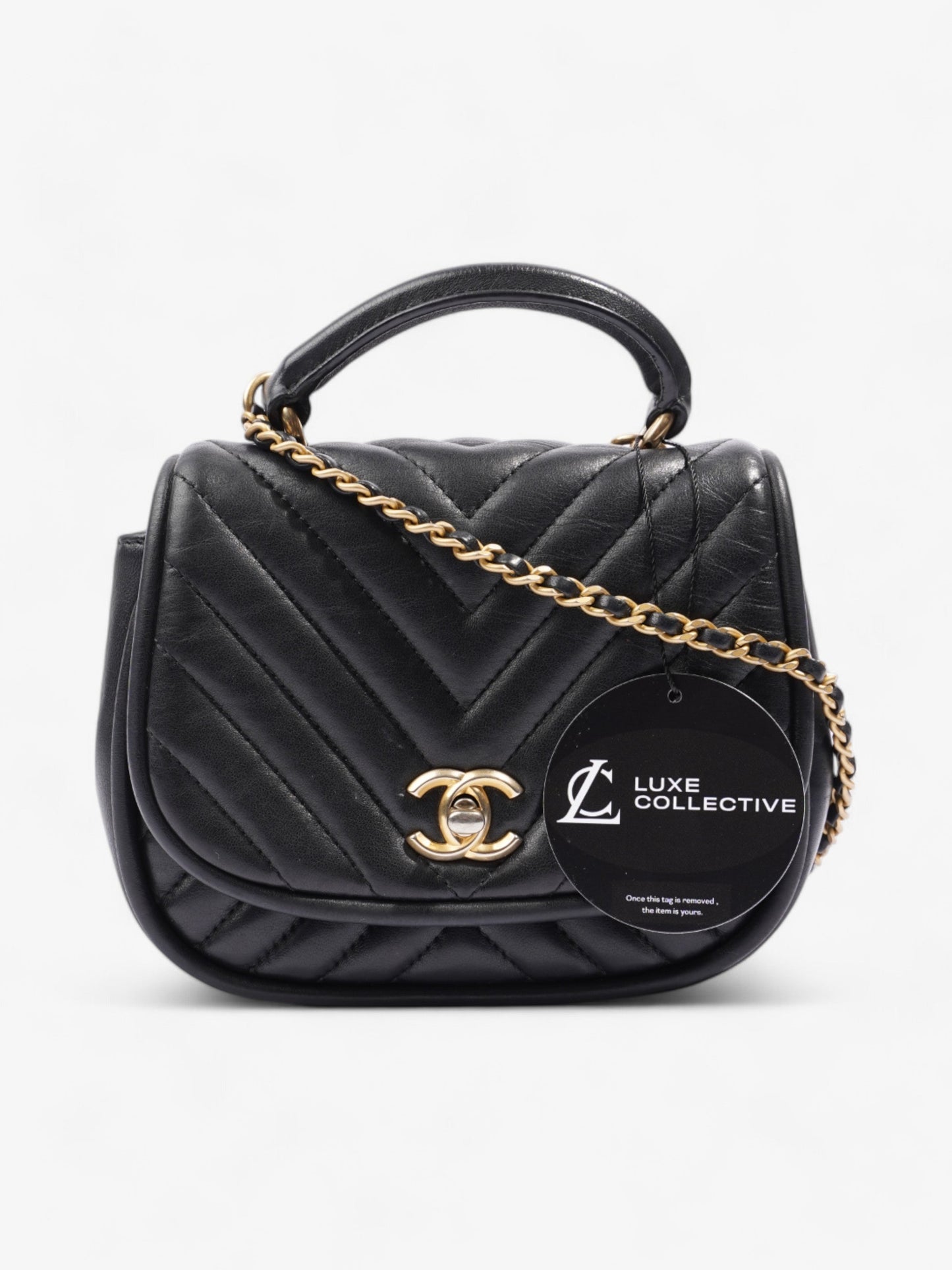Chanel Reverse Chevron Round Top Handle Black Leather