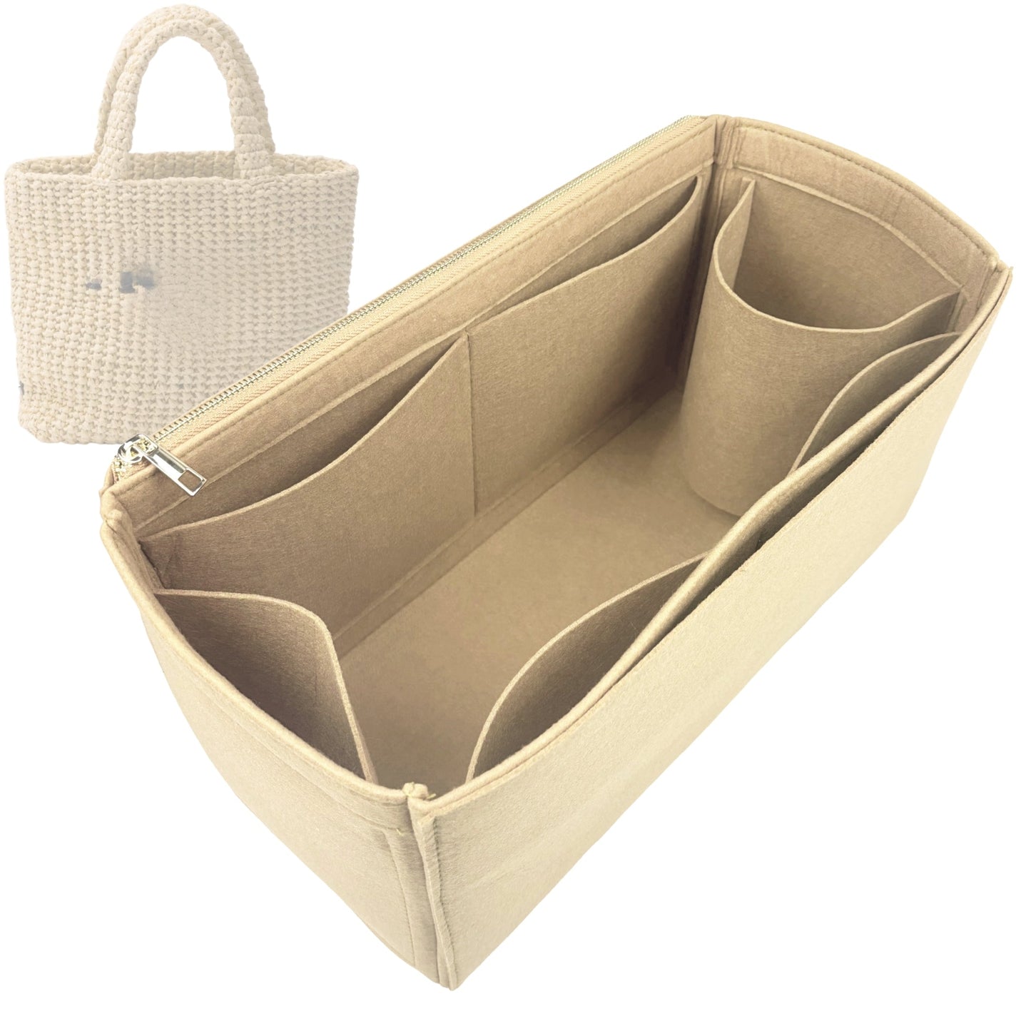 Organizer for [Small Crochet tote bag, Prada] Bag Insert (Felt, Long Zip and Open Compartment)