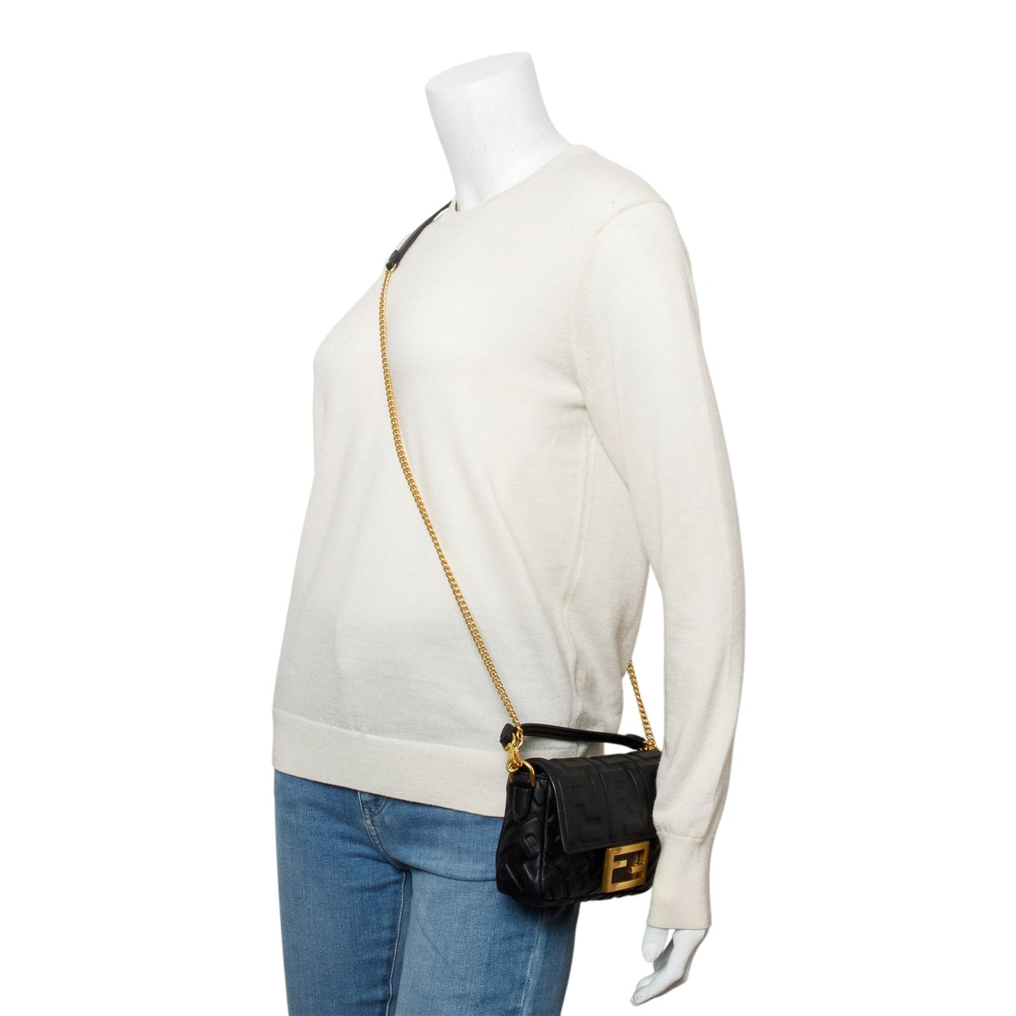 Fendi 2023 Black FF Embossed Nappa Leather Mini Be Baguette Chain Crossbody
