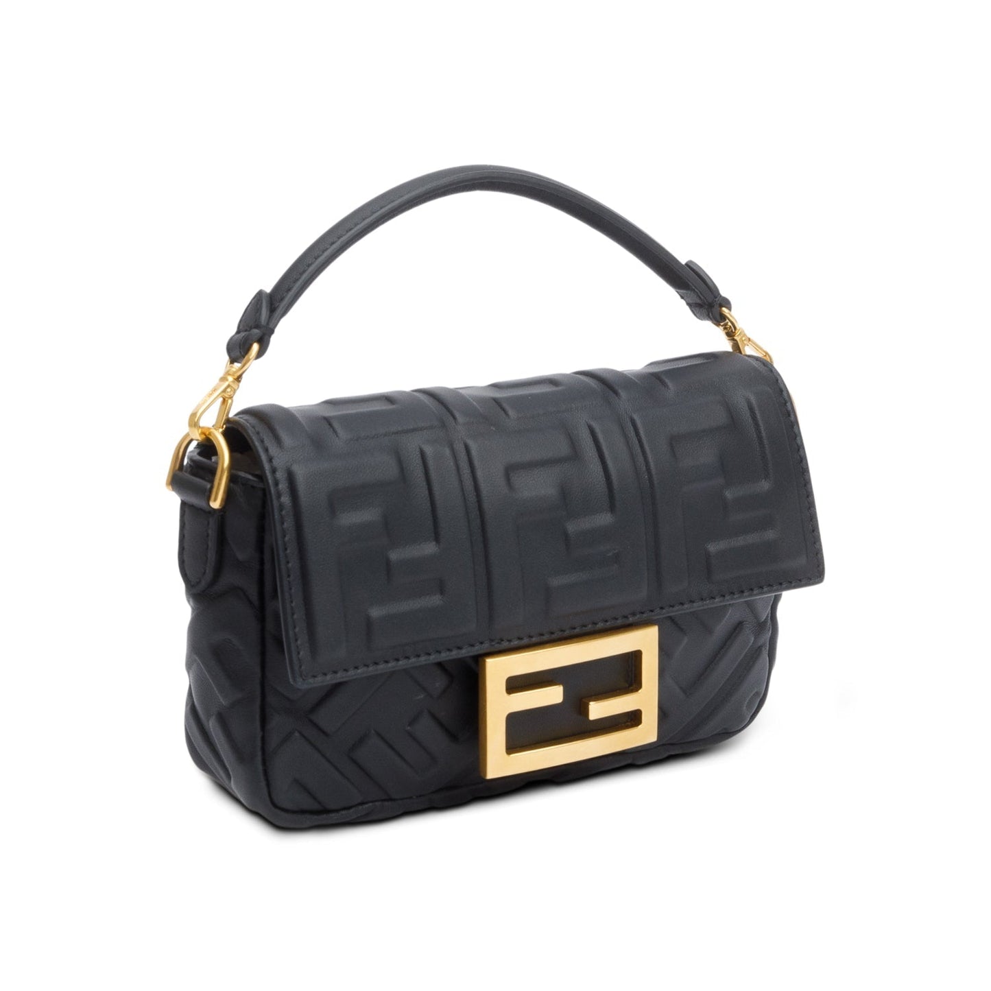 Fendi 2023 Black FF Embossed Nappa Leather Mini Be Baguette Chain Crossbody