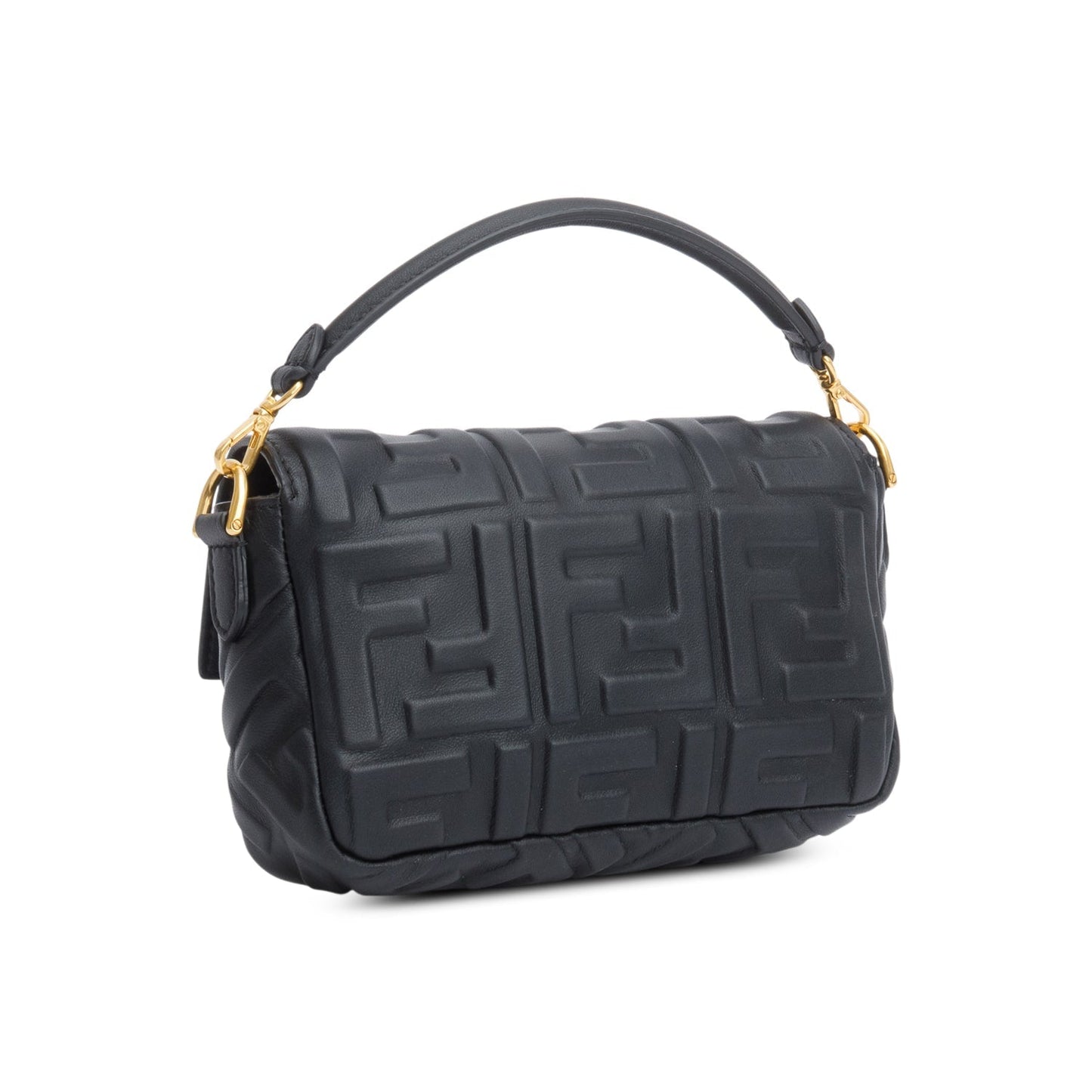 Fendi 2023 Black FF Embossed Nappa Leather Mini Be Baguette Chain Crossbody