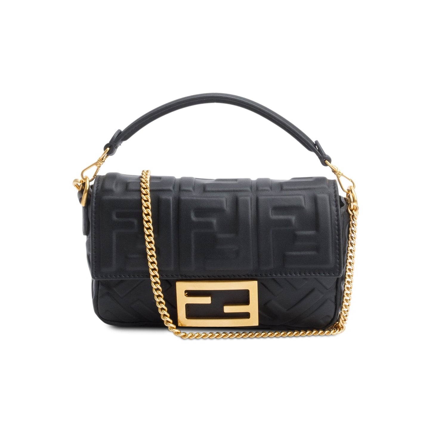 Fendi 2023 Black FF Embossed Nappa Leather Mini Be Baguette Chain Crossbody