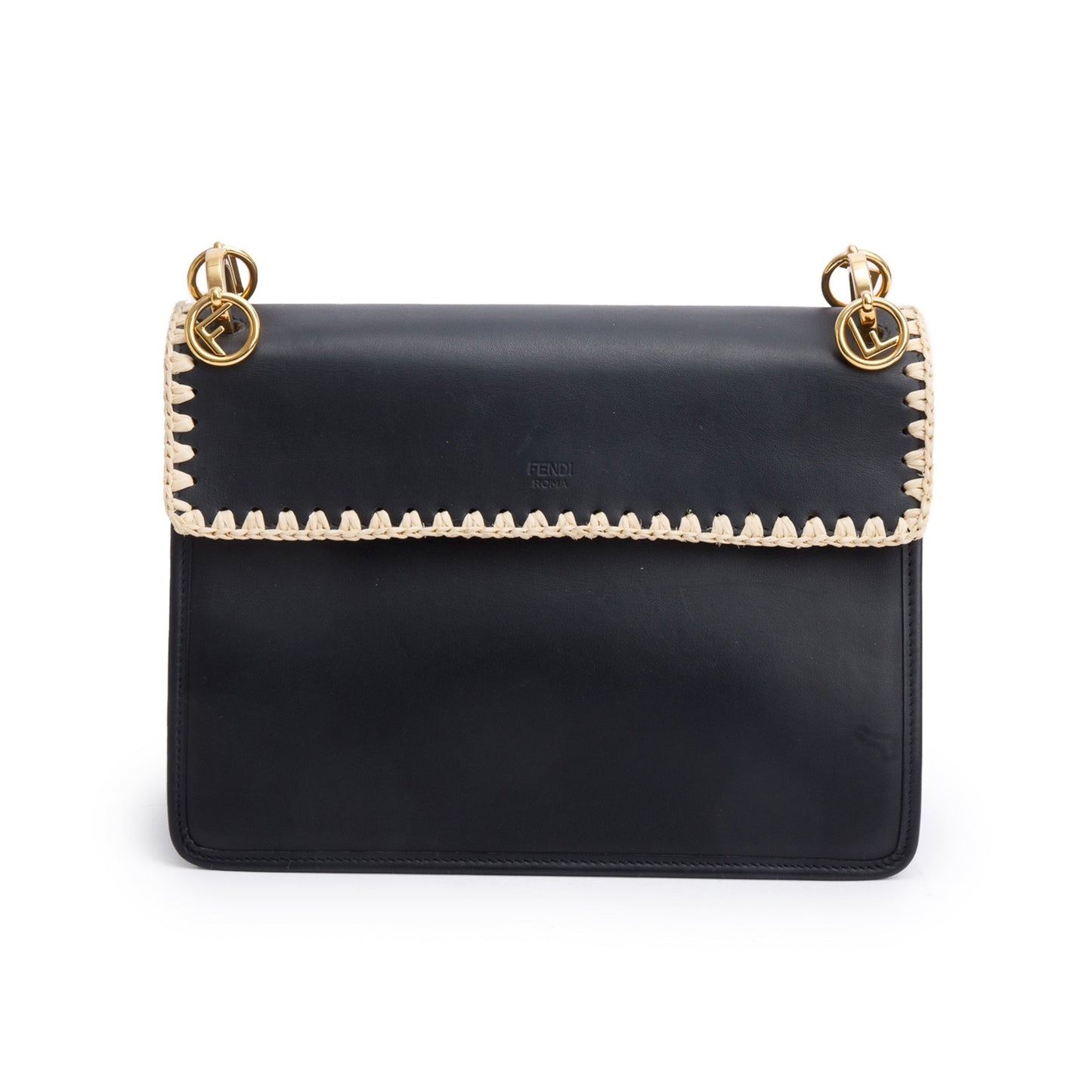 Fendi Black Calfskin Leather Raffia Snakeskin FF Embroidered Medium F is Fendi Kan I Shoulder Bag