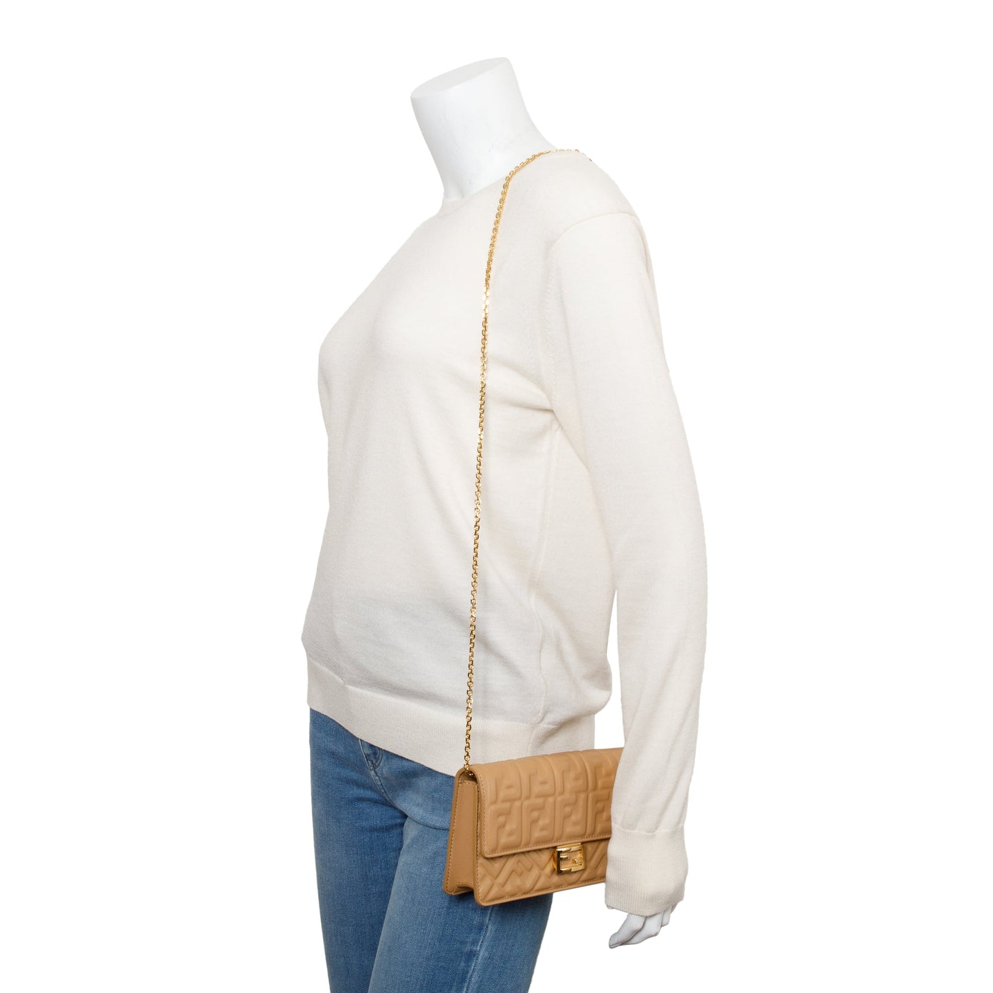 Fendi Beige Leather Baguette Wallet on Chain