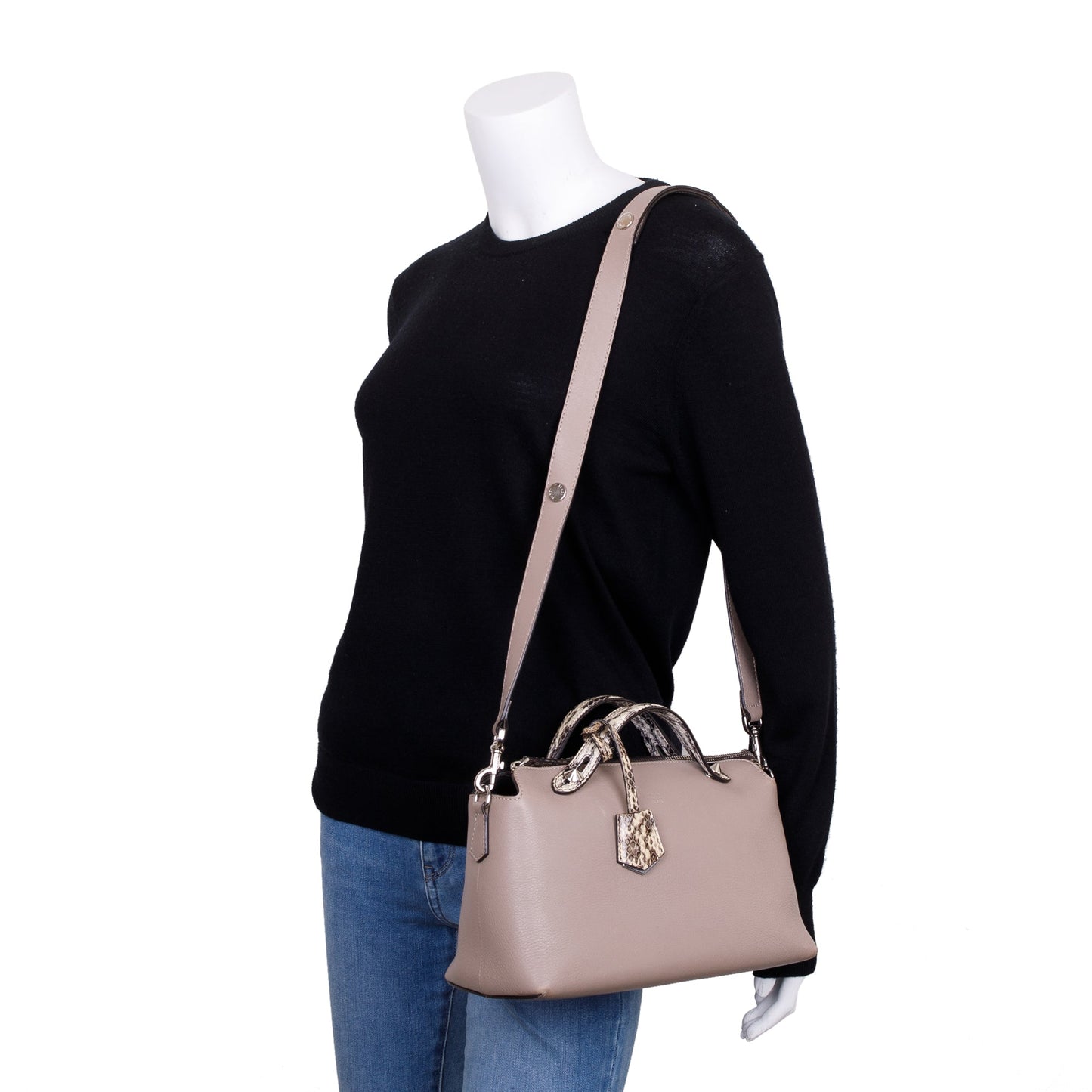 Fendi Beige Leather Python-Trimmed Medium By the Way Handle Bag with Box and Dustbag