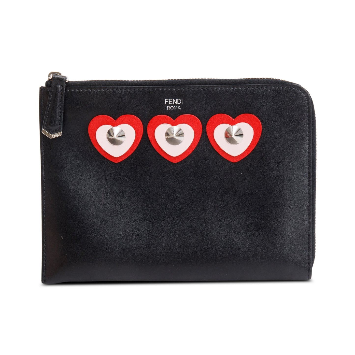 Fendi Black Calfskin Leather Studded Heart Zip Around Clutch