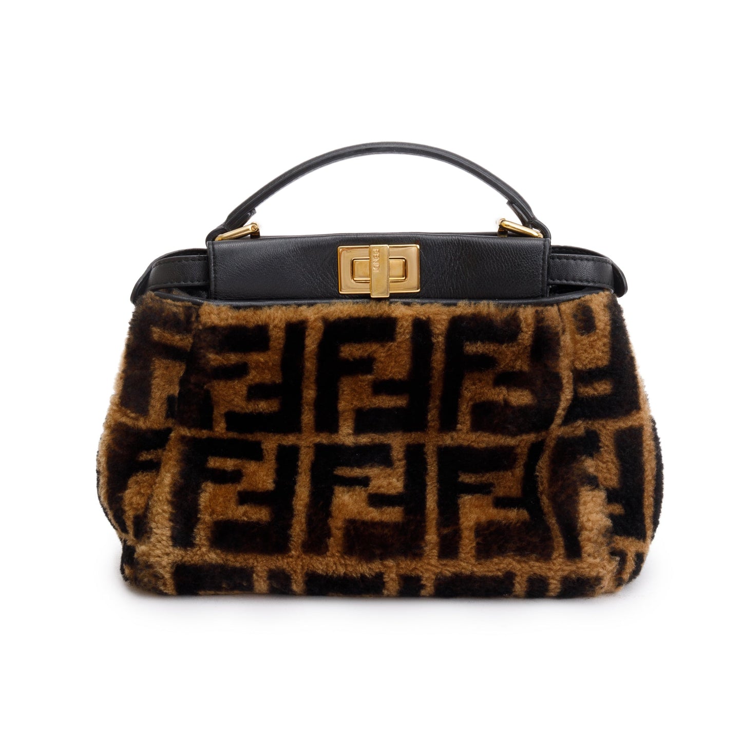 Fendi Black/Brown Shearling Nappa Macro FF 1974 Mini Peekaboo Bag