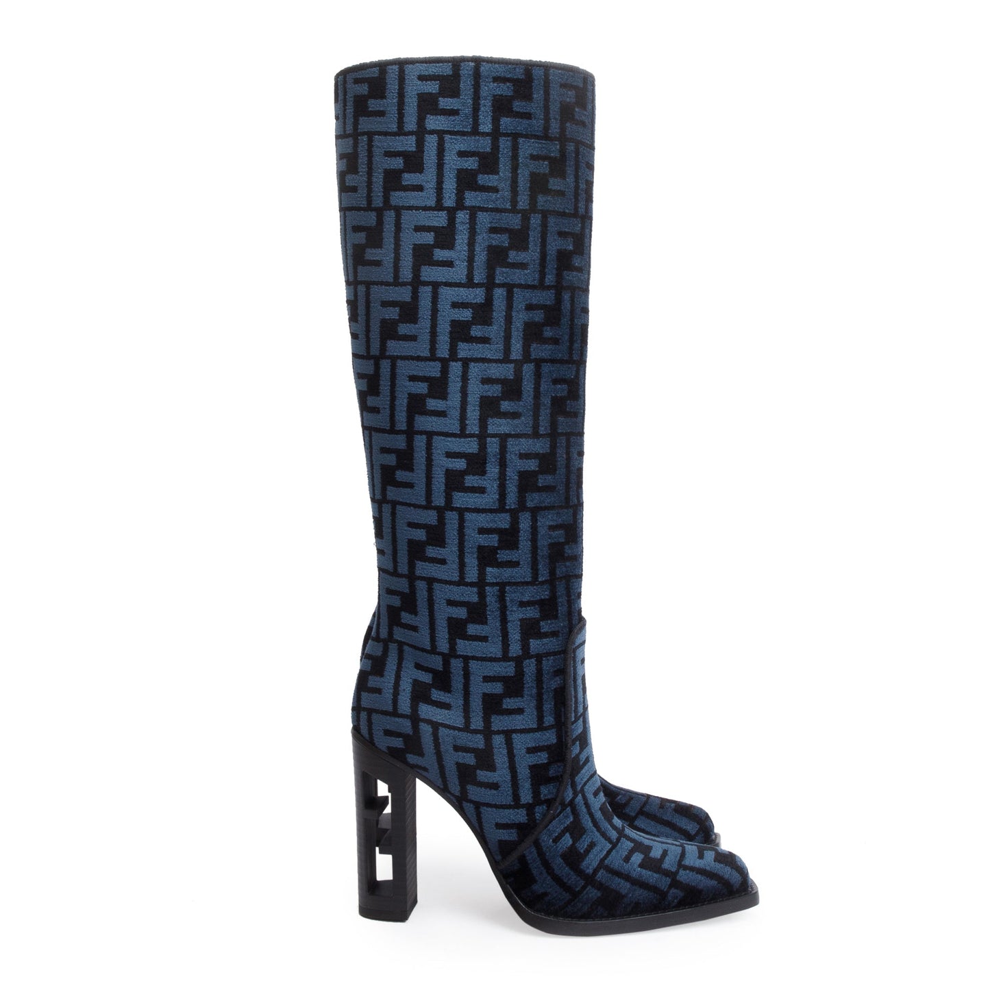 Fendi Blue Chenille Jacquard FF Cut 110 Baguette Knee High Boots, Size 36