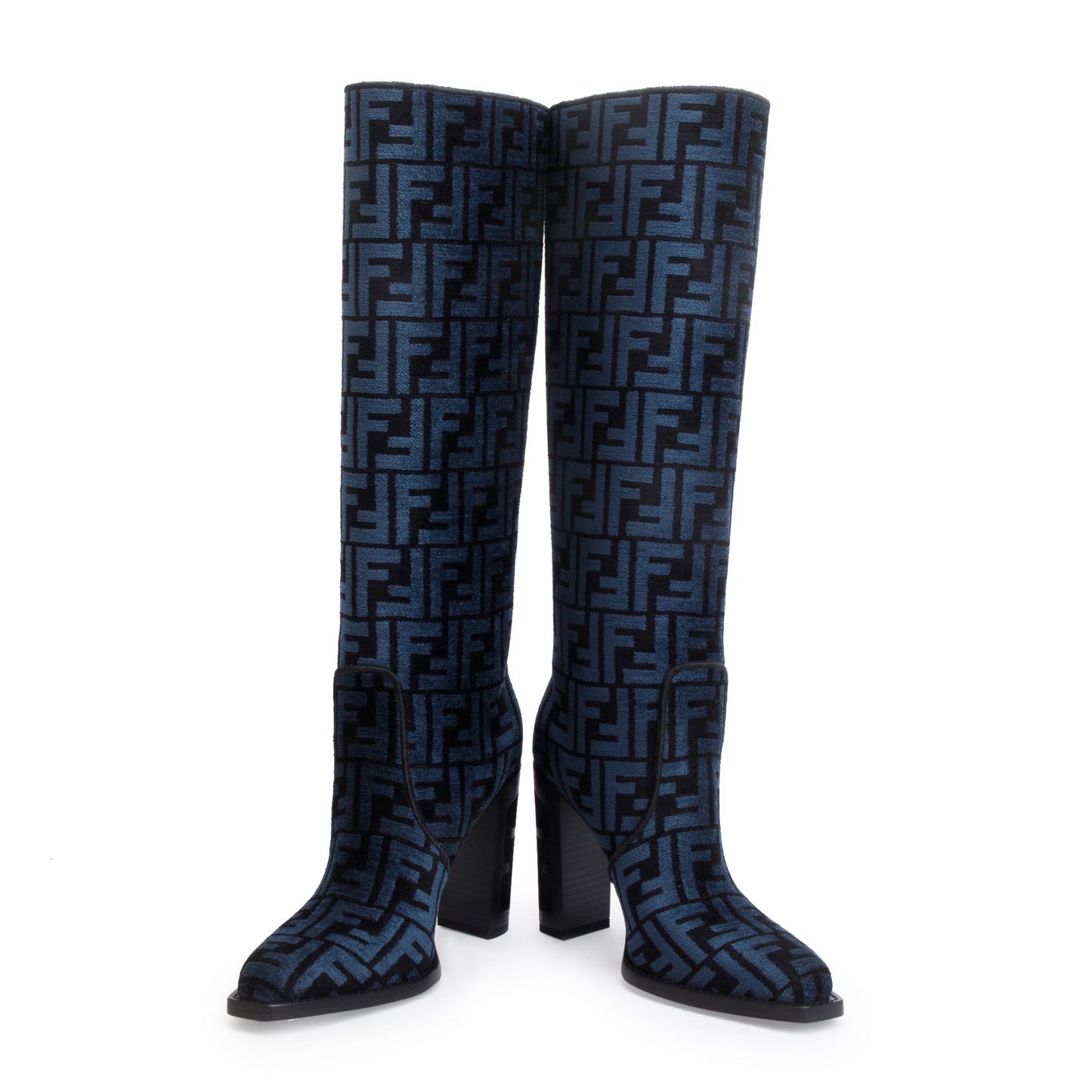 Fendi Blue Chenille Jacquard FF Cut 110 Baguette Knee High Boots, Size 36