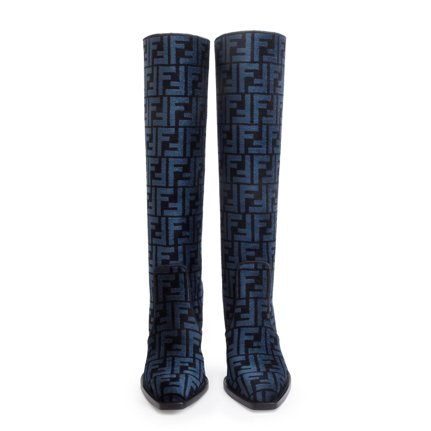 Fendi Blue Chenille Jacquard FF Cut 110 Baguette Knee High Boots, Size 36