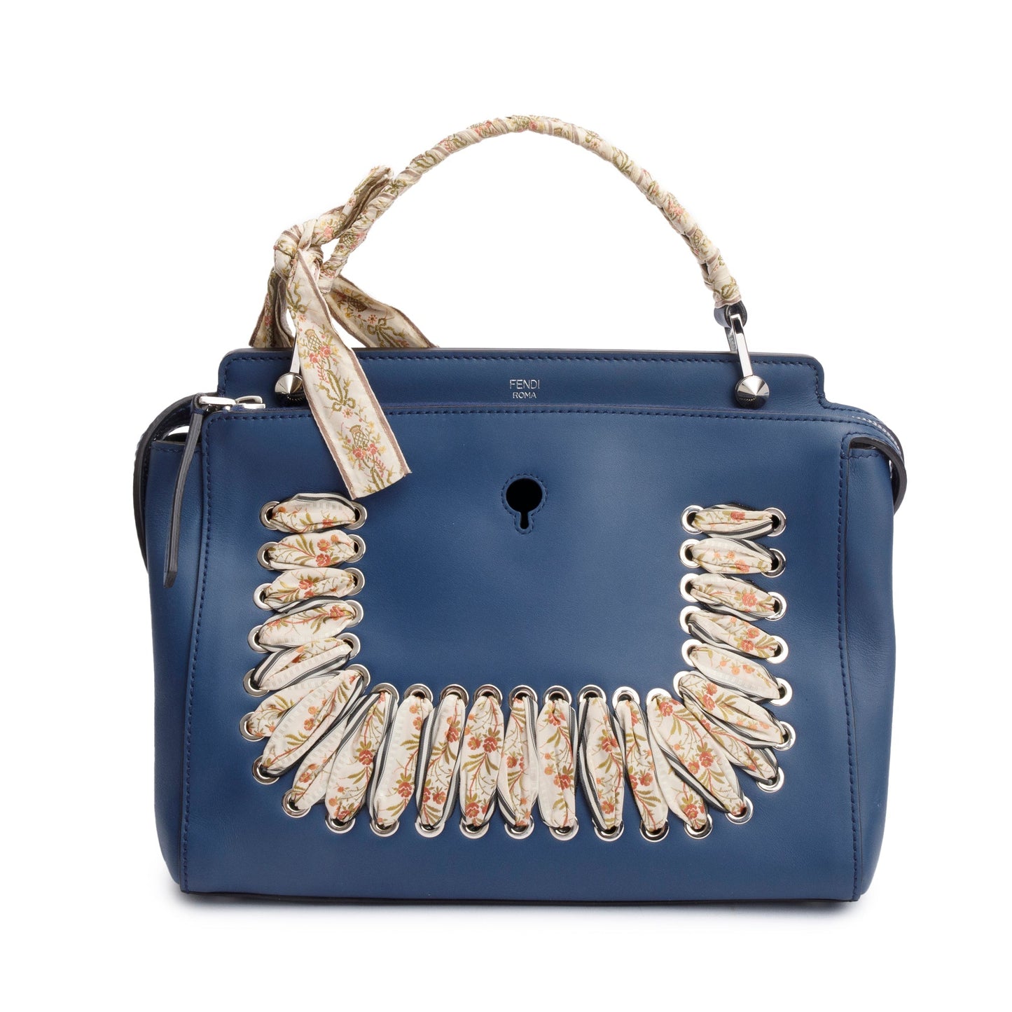 Fendi Blue Vitello Leather Baltico Ribbon Lace Up DotCom Satchel
