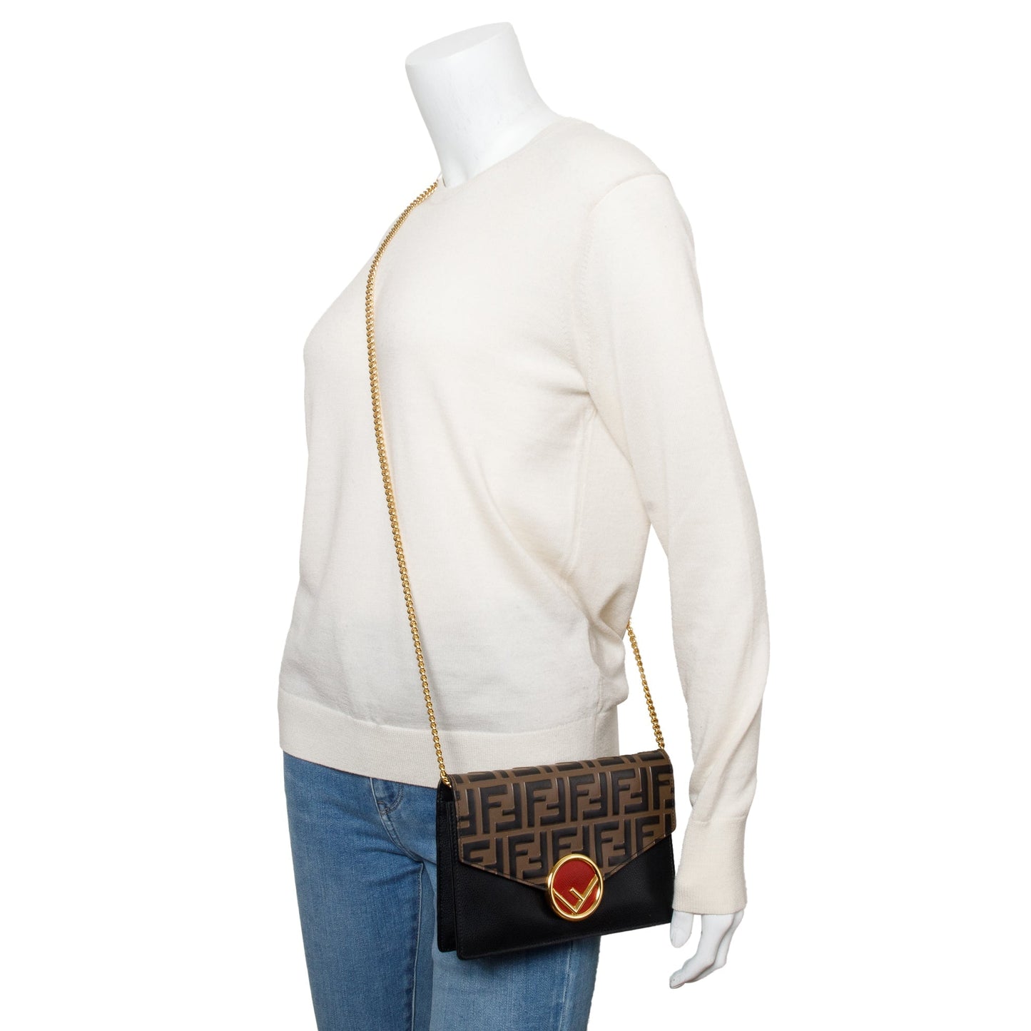 Fendi Brown/Black FF 1974 Embossed Leather F is Fendi Envelope Wallet on Chain