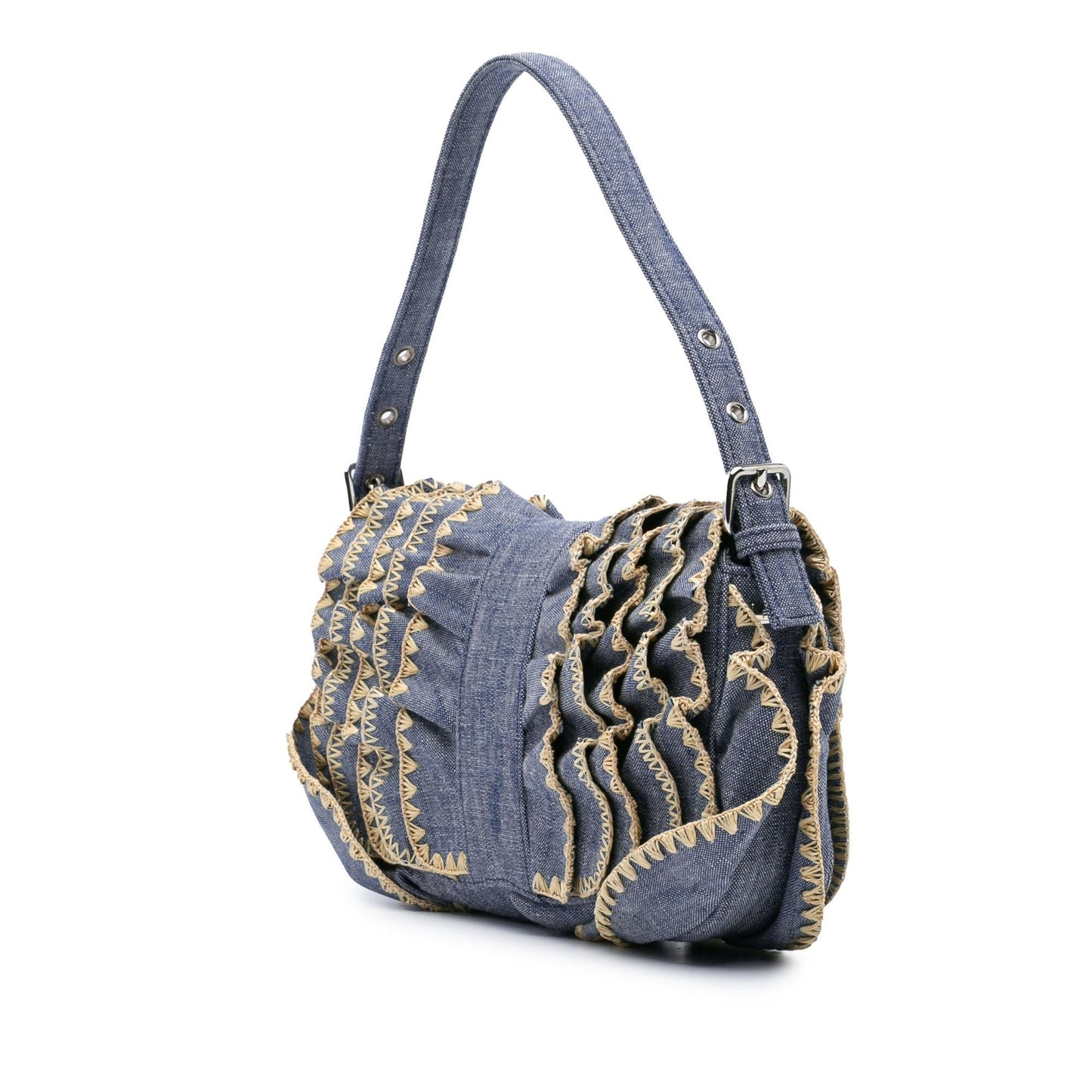 Fendi Embroidered Denim Ruffled F is Fendi Kan I Baguette