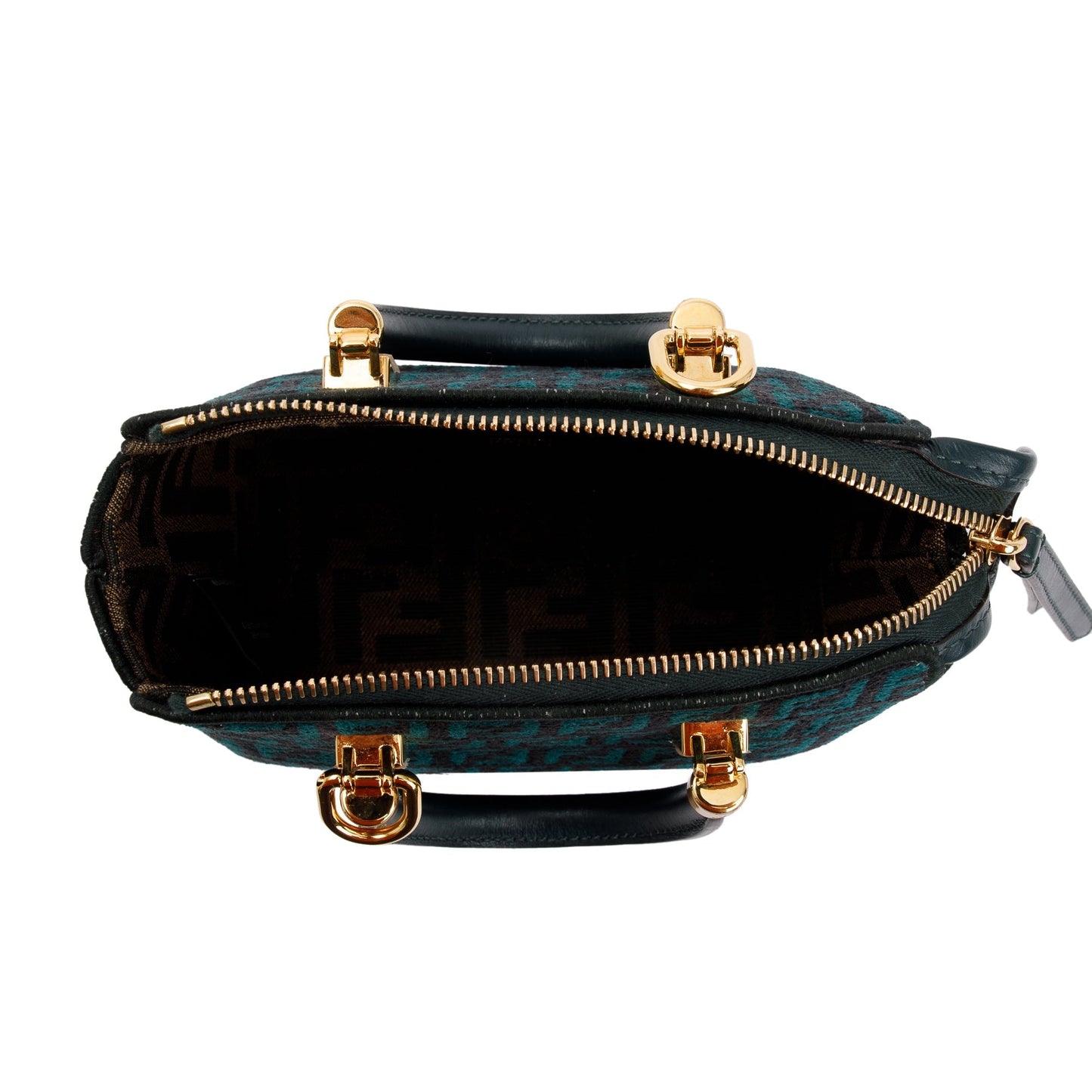 Fendi Green FF Motif Tapestry Fabric By the Way Mini Boston Bag