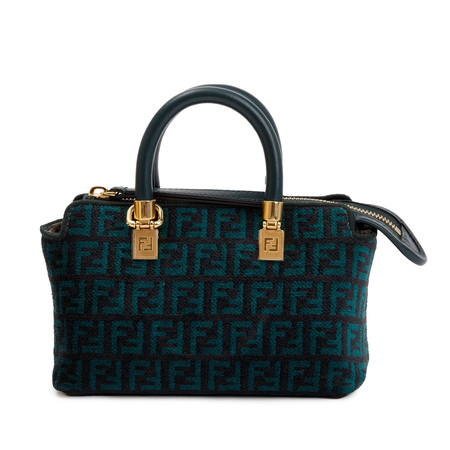 Fendi Green FF Motif Tapestry Fabric By the Way Mini Boston Bag