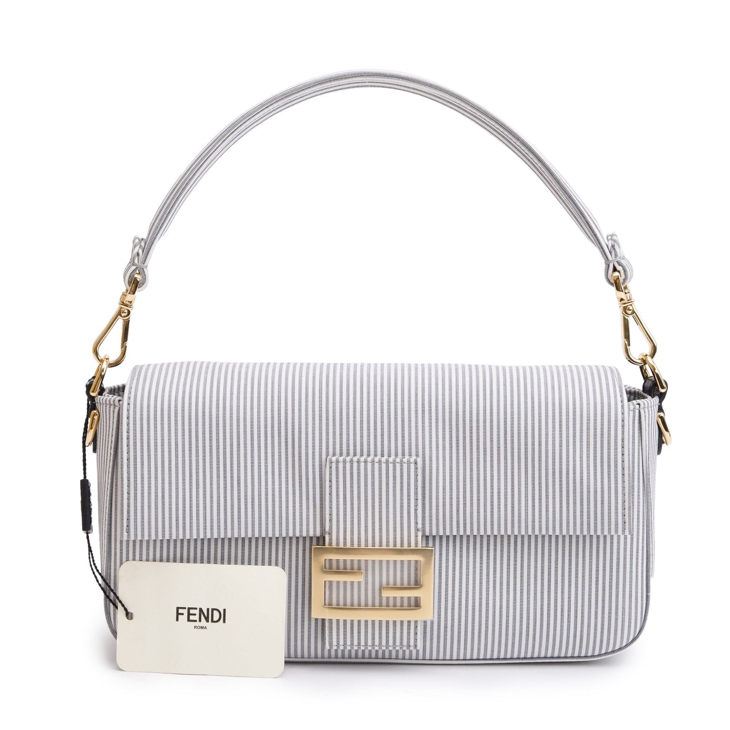 Fendi Grey/White Striped Cotton Cuoio Betagna Baguette Grigio Shoulder Bag