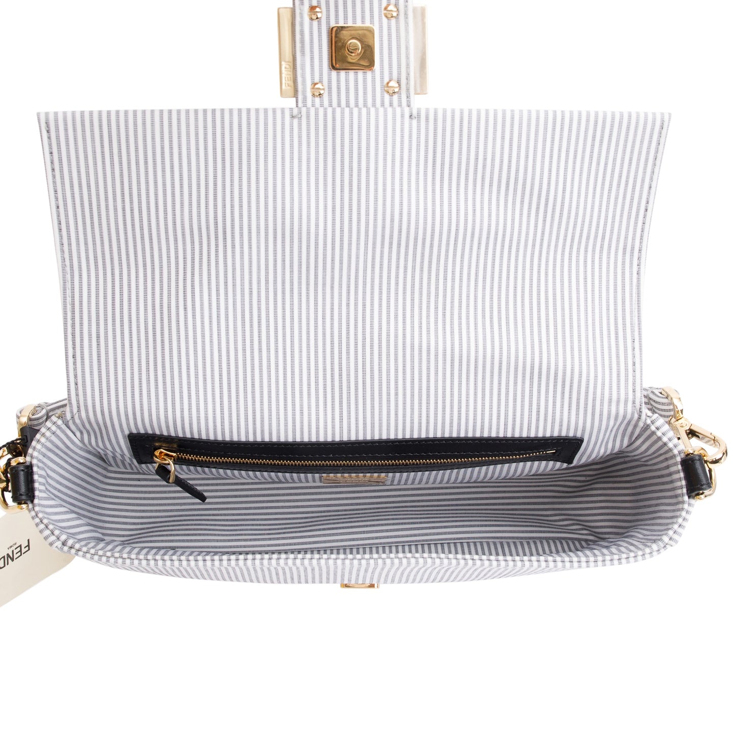 Fendi Grey/White Striped Cotton Cuoio Betagna Baguette Grigio Shoulder Bag