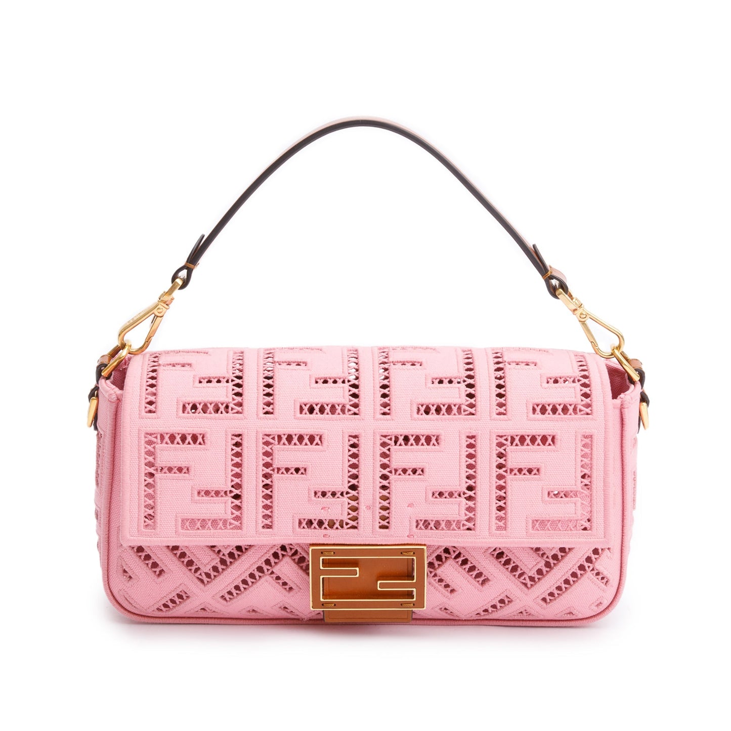 Fendi Pink FF Openwork Embroidered Canvas Medium Baguette Shoulder Bag