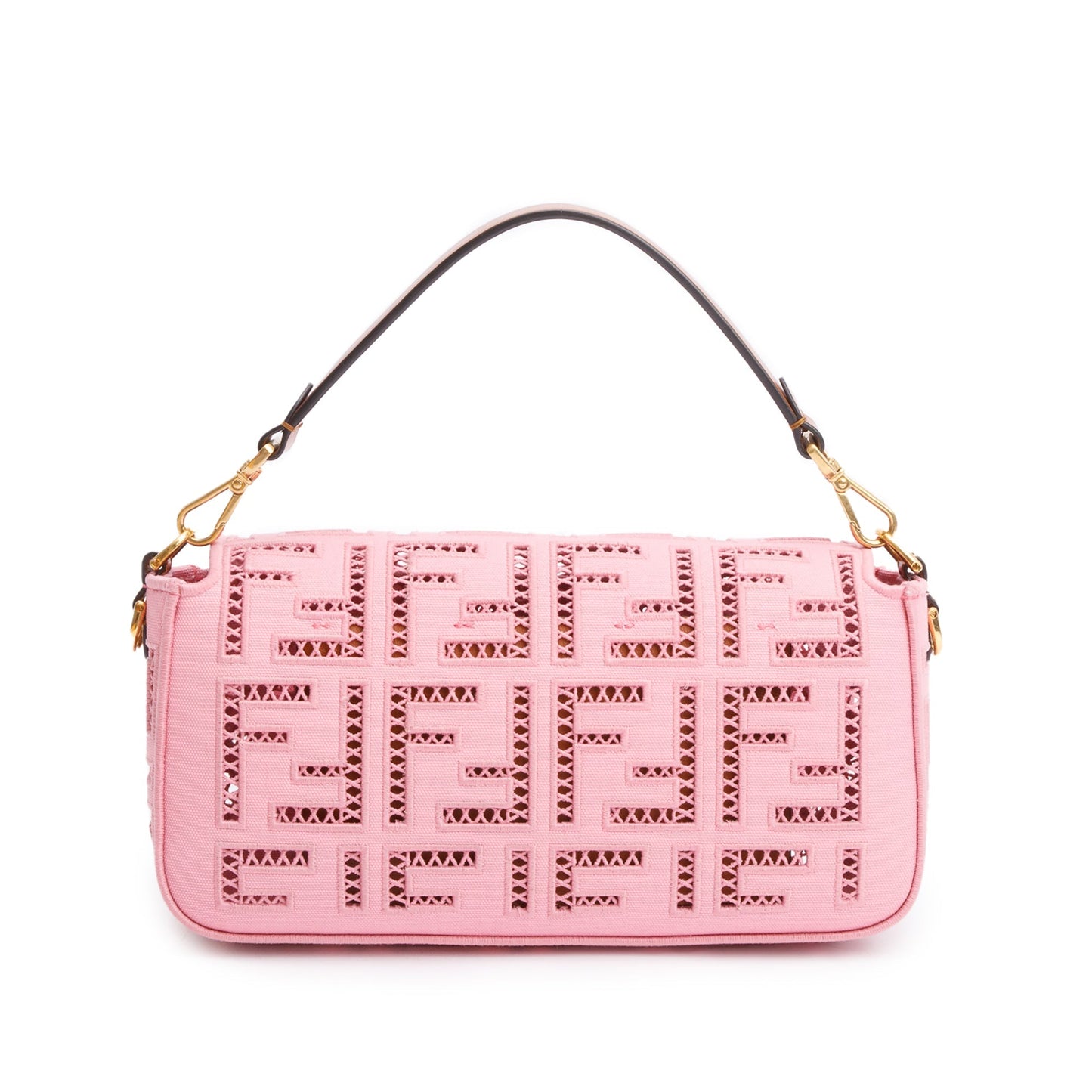Fendi Pink FF Openwork Embroidered Canvas Medium Baguette Shoulder Bag