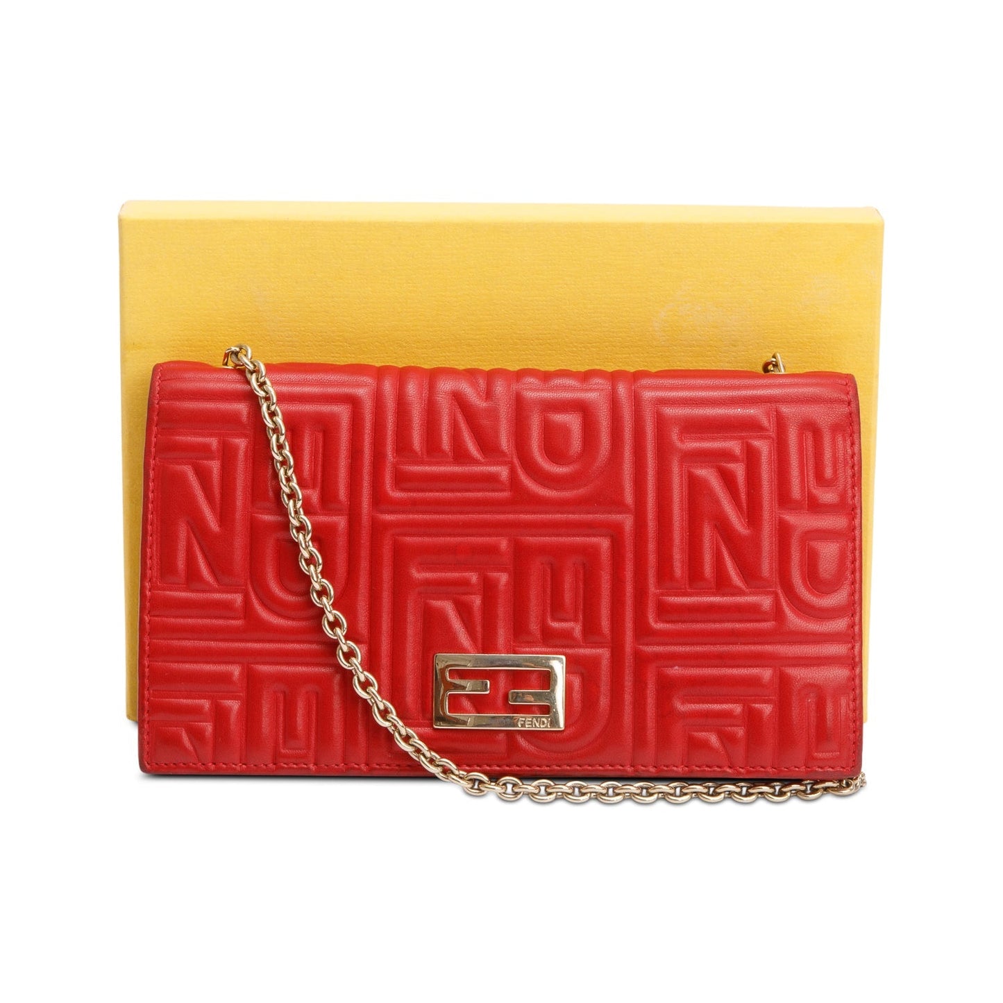 Fendi Red Logo Embossed Nappa Leather Chain Clutch Bag
