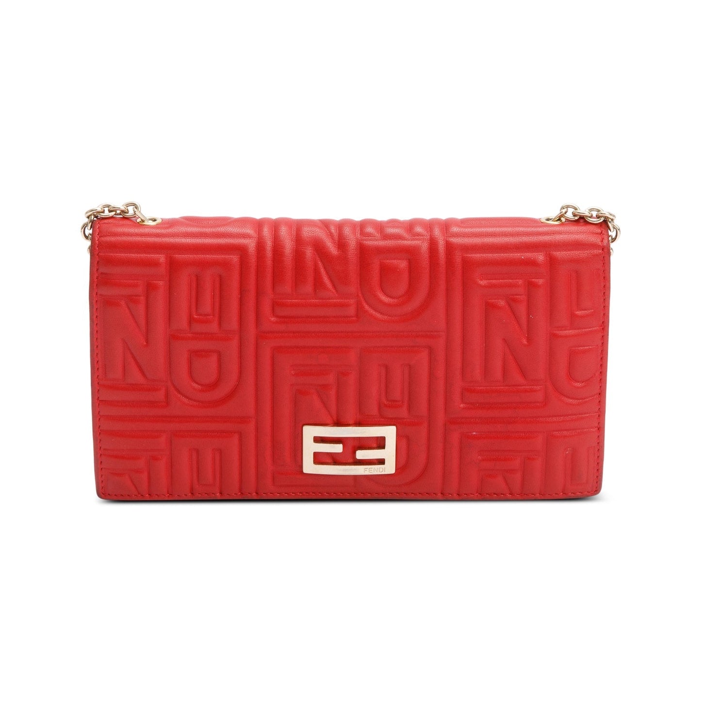 Fendi Red Logo Embossed Nappa Leather Chain Clutch Bag