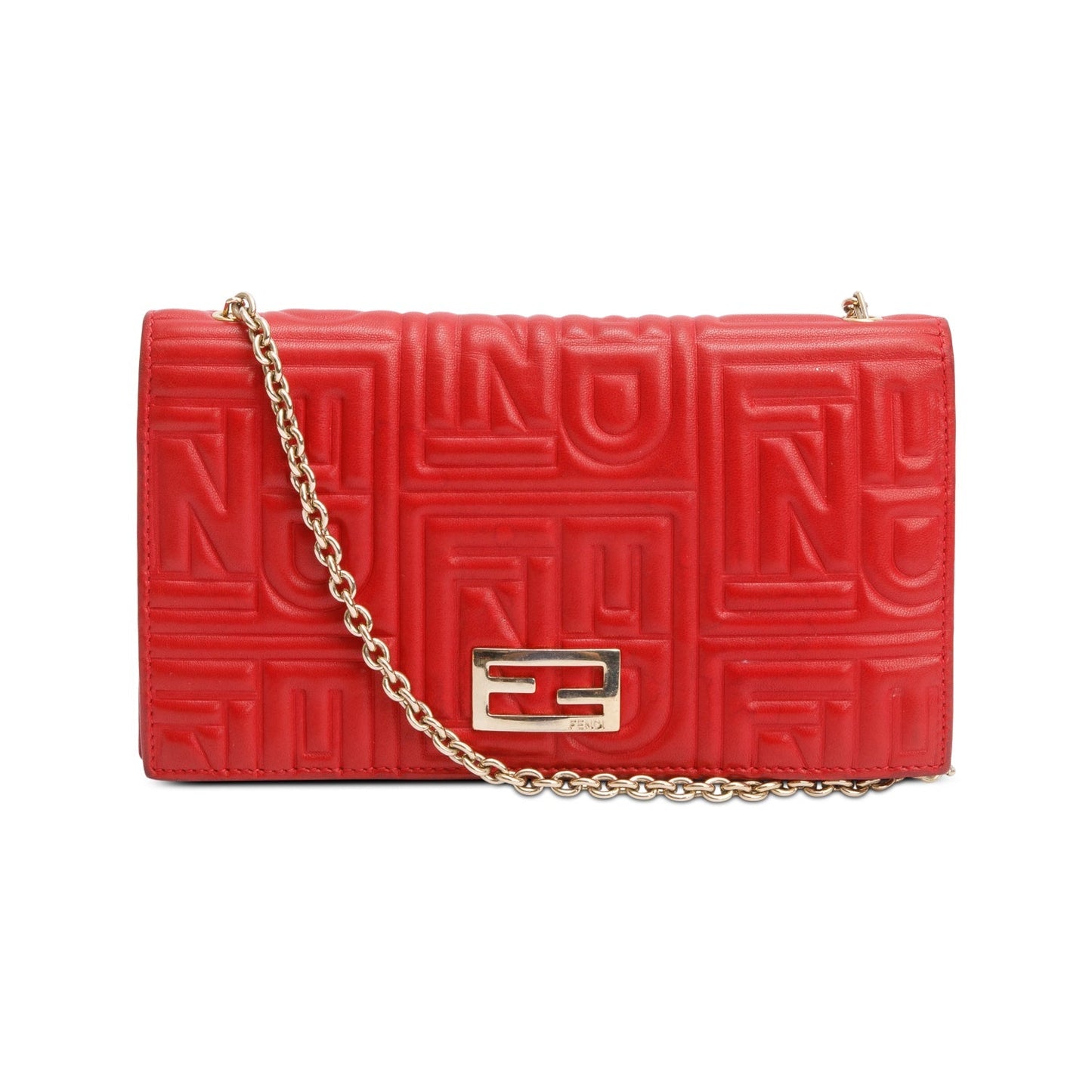 Fendi Red Logo Embossed Nappa Leather Chain Clutch Bag