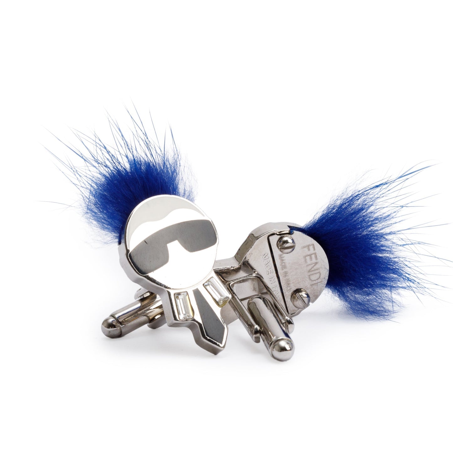 Fendi Silver Metal Blue Fox Fur Karlito Cufflinks