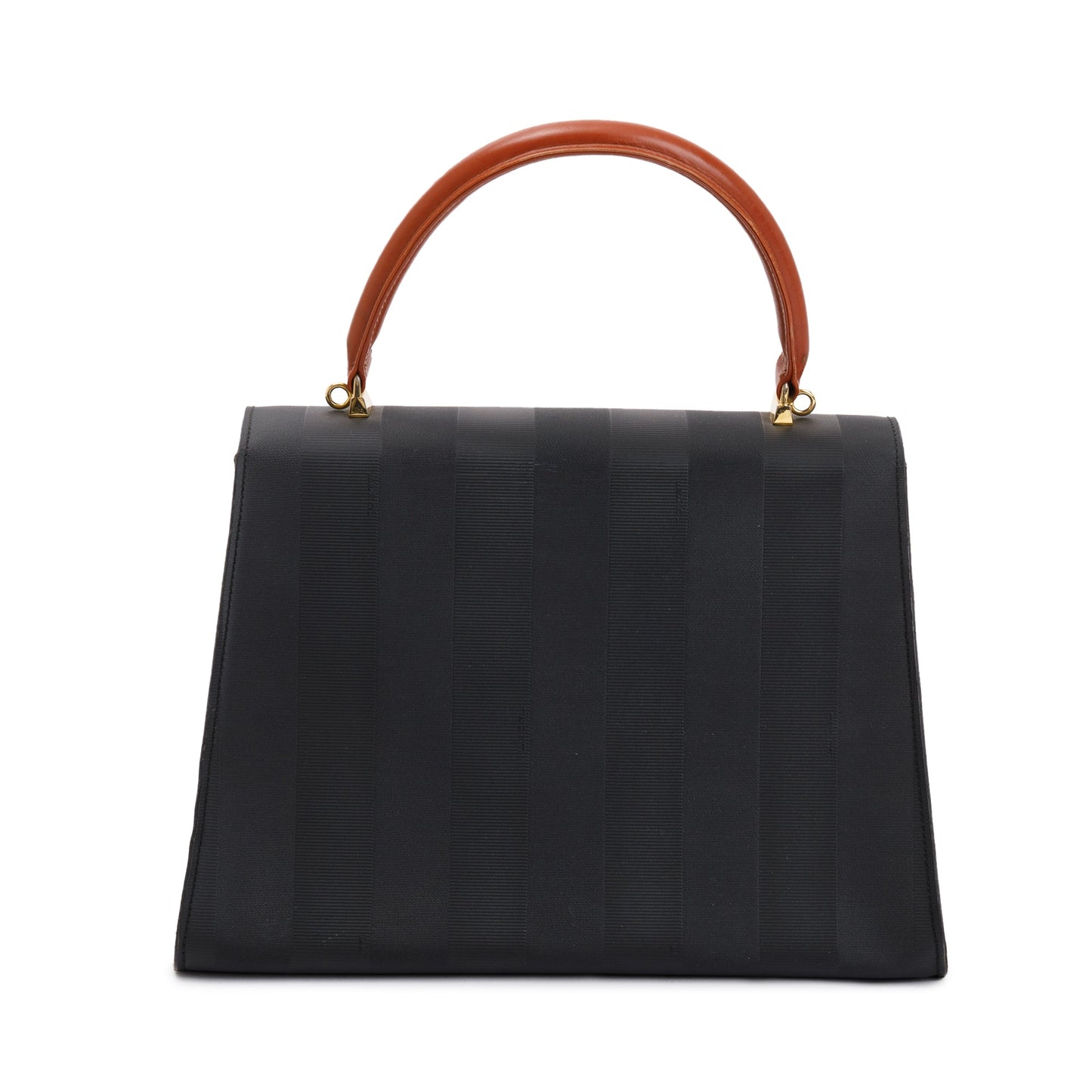 Fendi Vintage Navy Pequin Stripe Brown Leather Trimmed Handle Bag with Strap