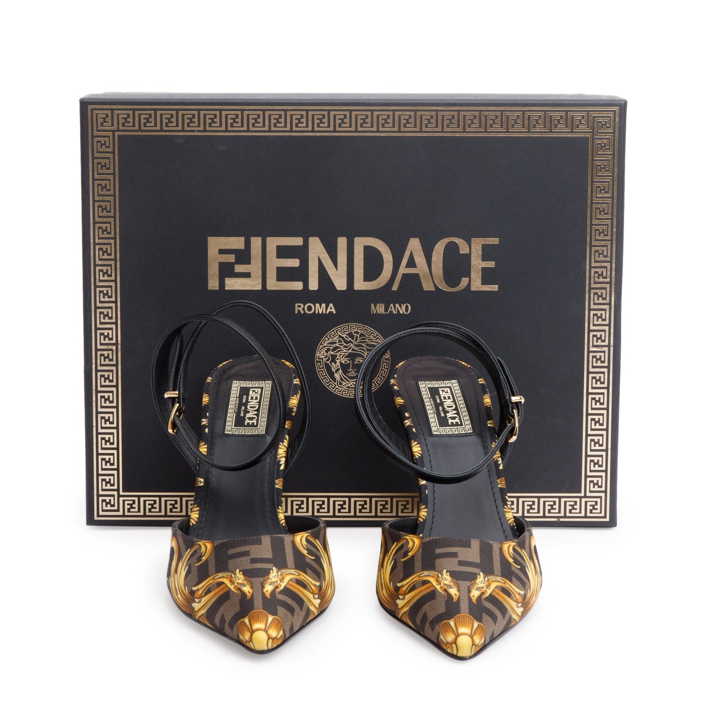 Fendi X Versace Brown Printed Canvas Fendace Slingback Pumps, Size 38