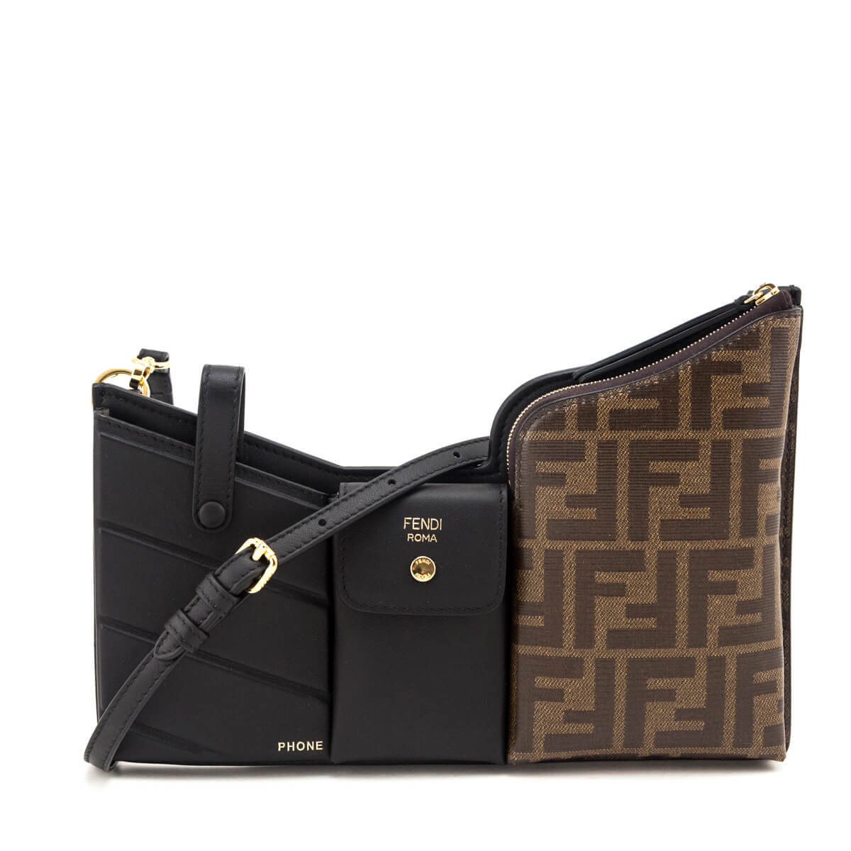 Fendi Black Vitello Grace Glazed Fabric FF 1974 3 Pocket Mini Crossbody Bag