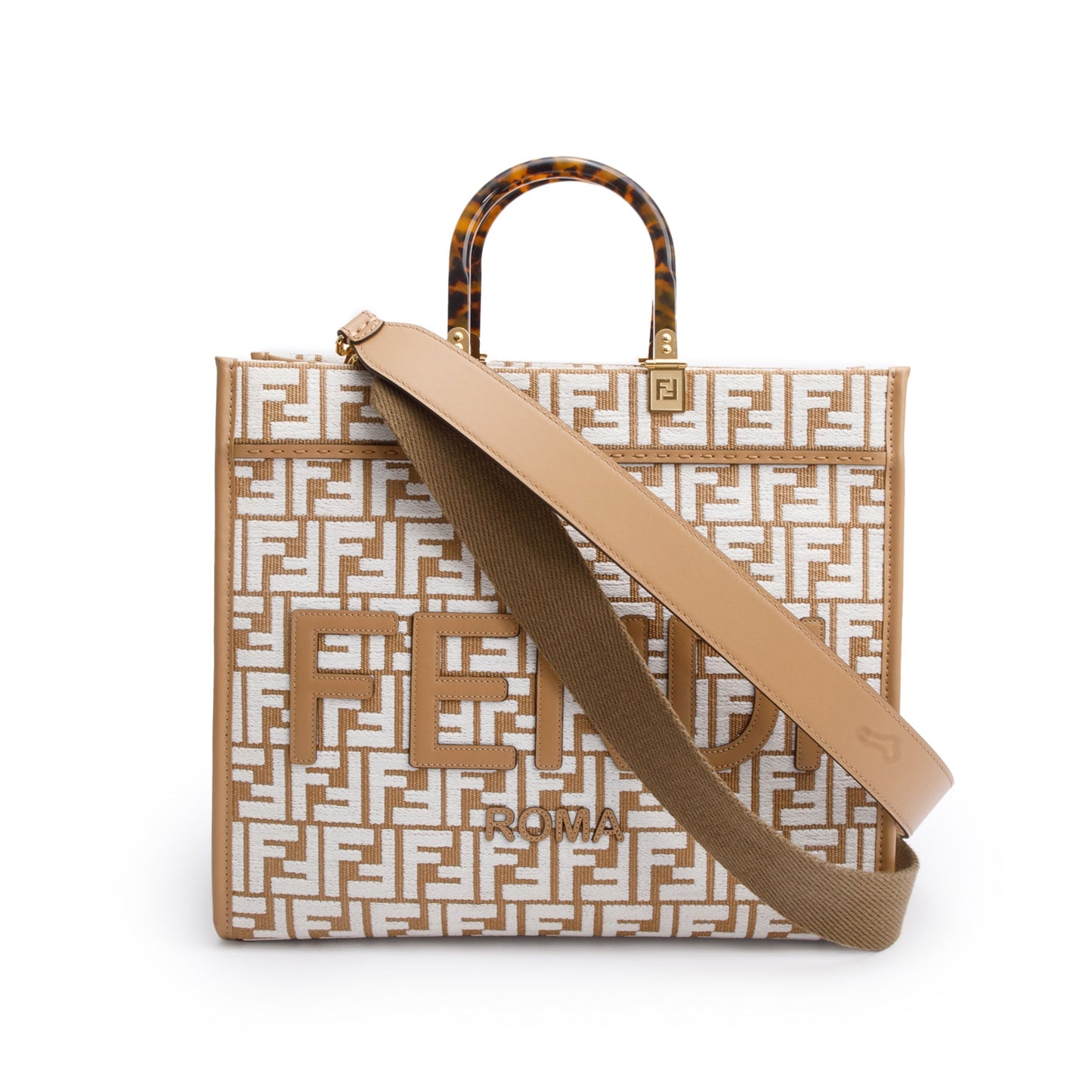 Fendi Beige Zucca FF Raffia Medium Sunshine Tote Bag
